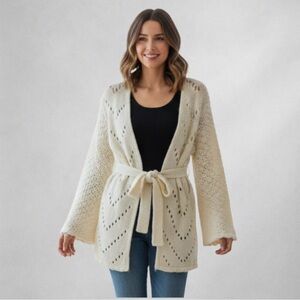 Old Navy Pointelle Open Knit Belted Women’s Cardigan L Creamy Soft. 0017